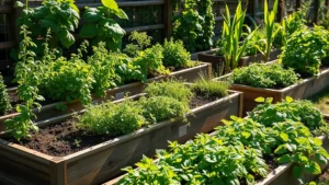 Lush kitchen garden with raised beds in morning sunlight, fresh herbs and vegetables growing abundantly, natural light creating shadows on soil, photorealistic garden scene