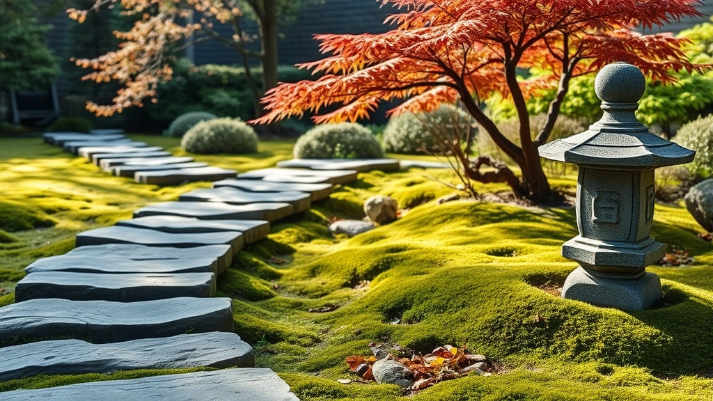 A serene Korean garden featuring weathered stepping stones winding through moss-covered ground, with a Japanese maple tree in soft focus and a traditional stone lantern nestled among plantings, natural afternoon lighting