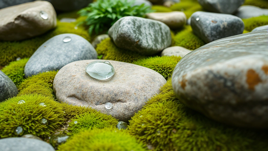Close-up view of carefully arranged rocks and stones in a Korean garden, with smooth rounded boulders positioned naturally among moss and small ferns, water droplets glistening on stone surfaces