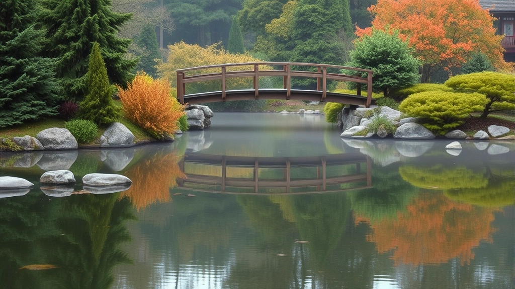 A peaceful garden water feature with still water reflecting surrounding evergreen plants and stones, wooden bridge crossing calm pond, autumn foliage reflecting in water surface, misty morning atmosphere