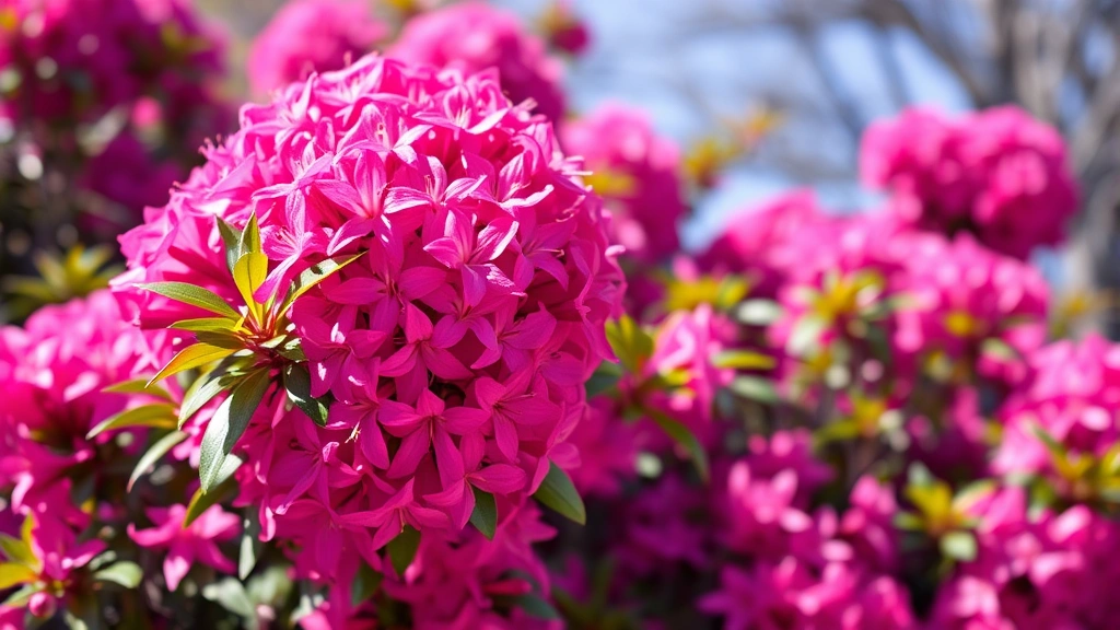 Vibrant pink and purple azalea blooms clustered densely on dark green foliage in bright spring sunlight, shallow depth of field showing delicate flower details