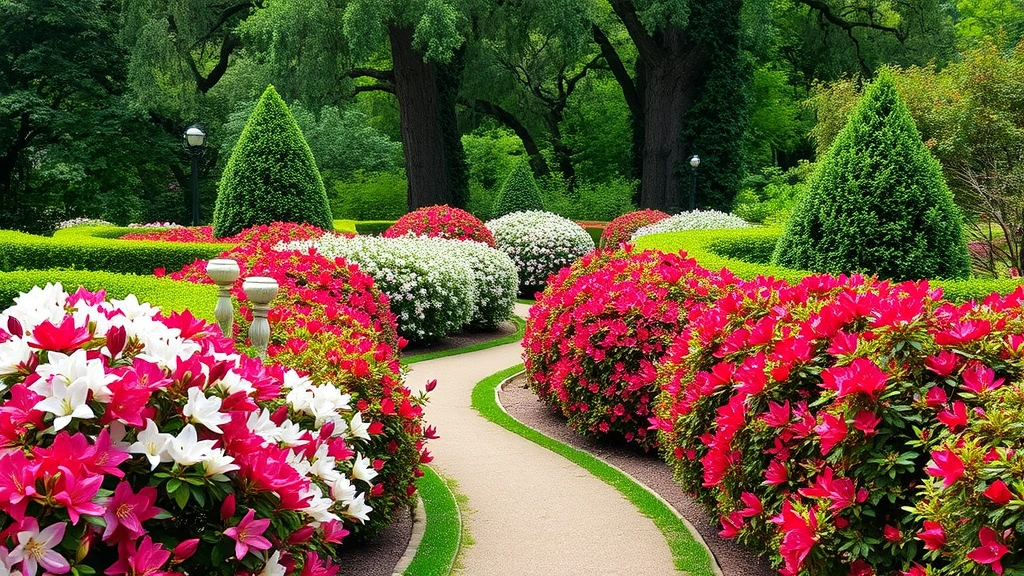 Winding garden pathway lined with mature azalea shrubs in full bloom displaying mixed colors from white to deep crimson, tall shade trees visible in background