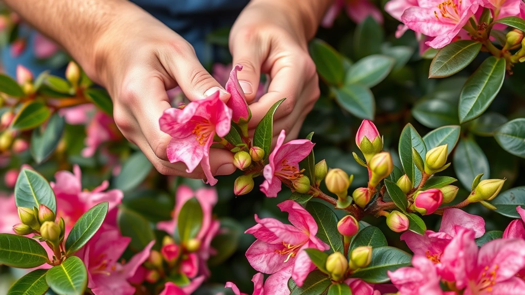 Close-up of gardener's hands gently deadheading spent azalea flowers among fresh new growth and emerging buds, showing proper pruning technique in natural garden setting