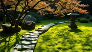 Serene Japanese garden with moss-covered stepping stones winding through lush green moss carpet, with stone lantern and delicate maple tree in soft natural light, dappled shade creating peaceful atmosphere