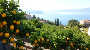 Terraced lemon groves overlooking Lake Garda with mature citrus trees in full foliage, Mediterranean architecture visible in background, afternoon sunlight creating shadows across terraces, no text or signs visible