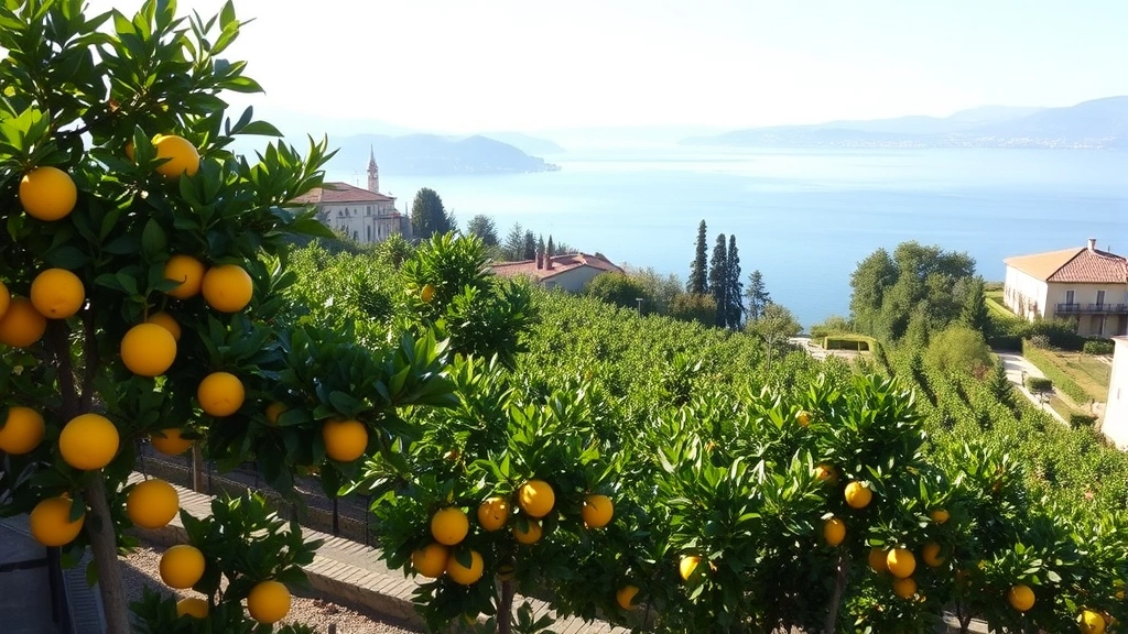 Terraced lemon groves overlooking Lake Garda with mature citrus trees in full foliage, Mediterranean architecture visible in background, afternoon sunlight creating shadows across terraces, no text or signs visible
