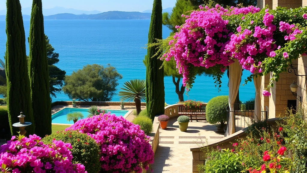 Luxurious lakeside hotel gardens featuring flowering bougainvillea, cypress trees, and flowering wisteria cascading over stone walls, turquoise water visible beyond, Mediterranean plants in peak bloom, natural lighting