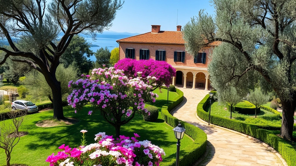 Historic Mediterranean villa surrounded by manicured gardens with olive trees, flowering oleander bushes in pink and white, stone pathways, lake views in distance, no signage or text, peaceful garden setting