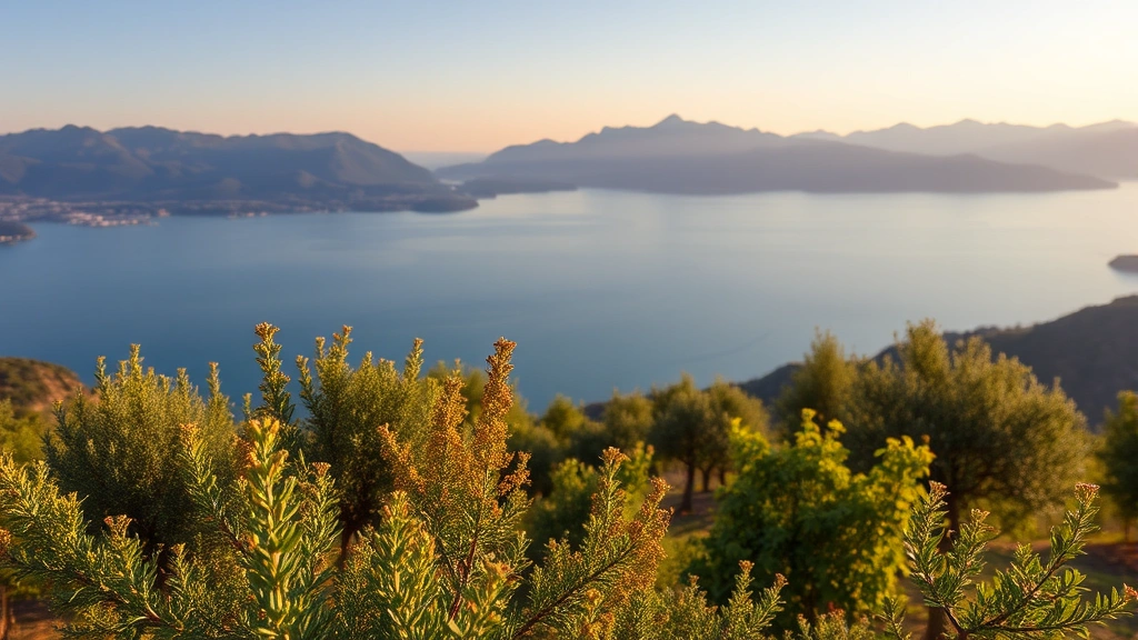 Terraced lemon and olive groves overlooking Lake Garda shoreline with Mediterranean herbs in foreground, natural golden afternoon light illuminating water, mountains in background