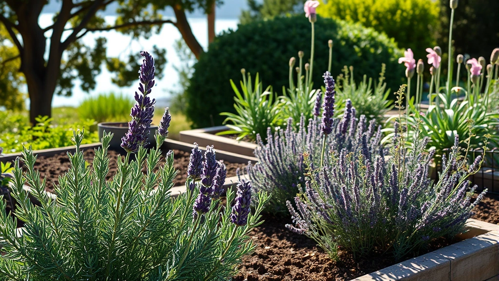 Mediterranean herb garden with rosemary, lavender, and thyme plants growing in well-drained raised beds with lake visible beyond, morning sunlight on foliage
