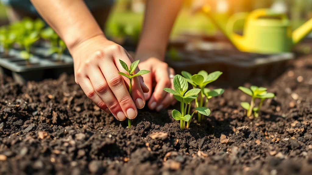Gardener's hands planting seedlings in rich dark soil on a sunny spring morning, with seed trays and watering can visible in background