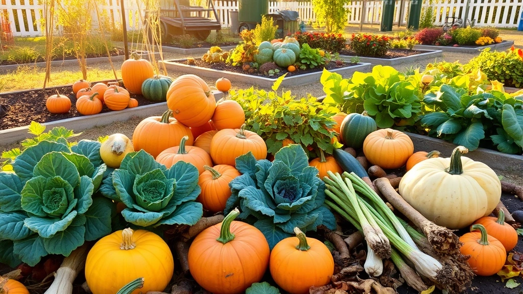 Fall garden scene with colorful autumn vegetables including pumpkins, squash, kale, and root crops arranged in raised beds with golden sunlight