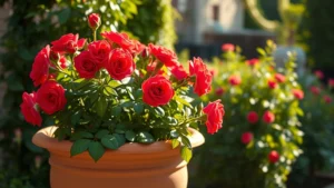 Large terracotta pot with vibrant red roses in full bloom, warm sunlight, lush green foliage, Mediterranean garden setting, morning light