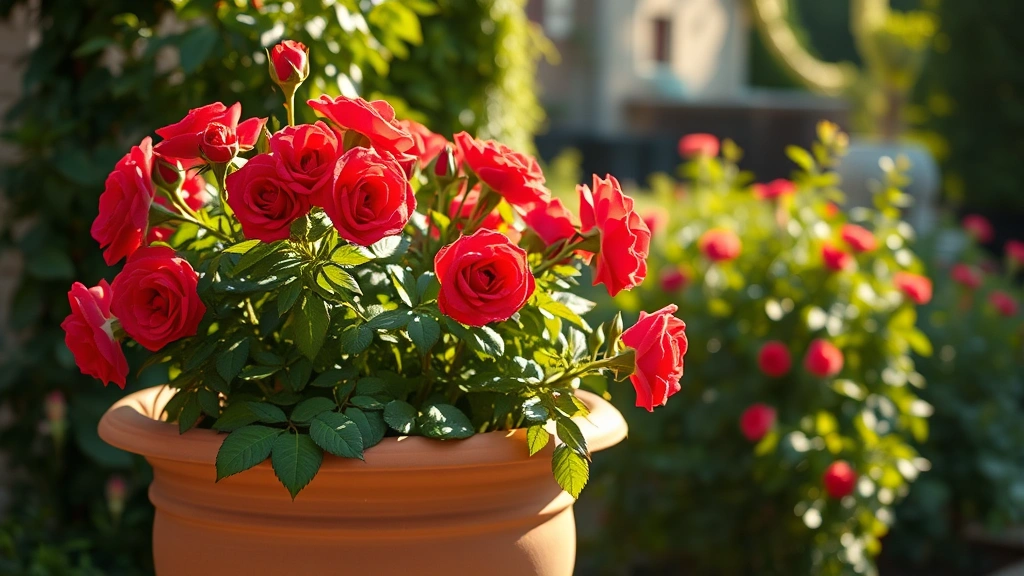 Large terracotta pot with vibrant red roses in full bloom, warm sunlight, lush green foliage, Mediterranean garden setting, morning light