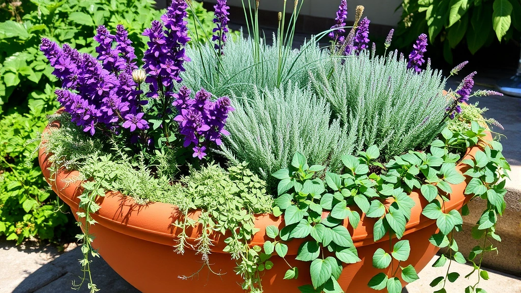 Combination planting in oversized terracotta container with purple salvia, silver dusty miller, trailing ivy cascading over edges, full sun exposure