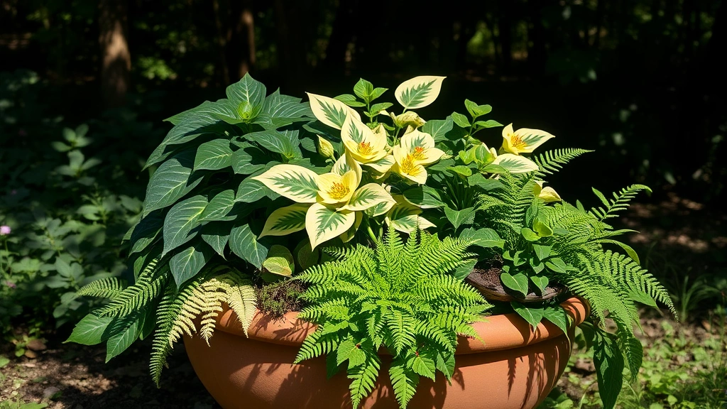 Shade garden display with large terracotta pot containing hostas with variegated foliage, ferns, and hellebores in dappled woodland light