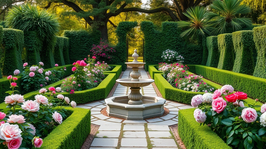 Lush formal garden with symmetrical pathways, blooming roses and hydrangeas, stone fountain centerpiece, manicured hedges, soft afternoon light filtering through mature trees