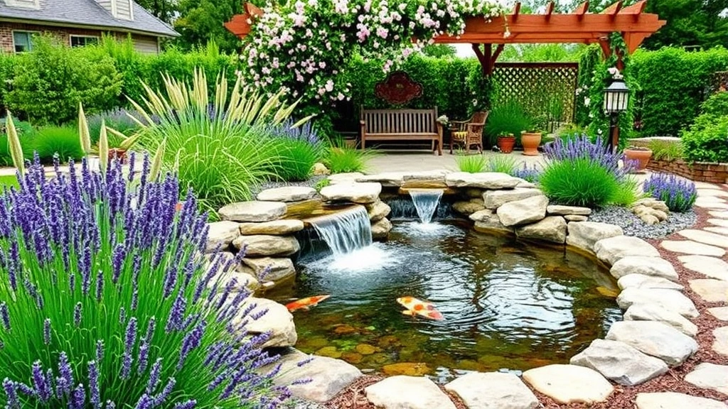 Cascading water feature with koi pond surrounded by layered plantings of lavender, ornamental grasses, climbing roses on pergola, natural stone borders, peaceful seating area