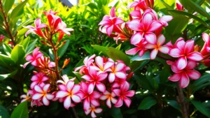 A lush tropical lei garden with vibrant plumeria trees displaying pink and white five-petaled flowers, green foliage in background, morning sunlight filtering through leaves, fresh blooms ready for harvest