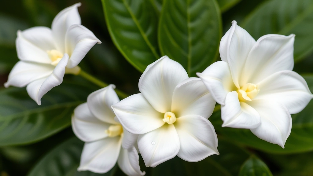 Close-up of delicate white gardenia flowers with waxy petals and glossy green leaves, showing three fully open blooms with morning dew droplets, surrounding foliage softly blurred
