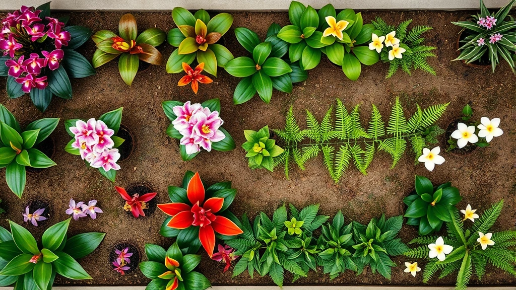 Overhead view of a lei garden layout with multiple flowering plants including orchids, ti leaves with red coloring, fern fronds, and plumeria trees arranged in organized rows, showing garden structure and plant spacing