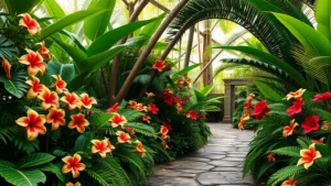 Lush tropical lei lei garden with winding stone pathway bordered by vibrant hibiscus, plumeria, and feathery ferns, soft diffused sunlight filtering through canopy
