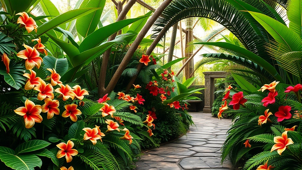 Lush tropical lei lei garden with winding stone pathway bordered by vibrant hibiscus, plumeria, and feathery ferns, soft diffused sunlight filtering through canopy