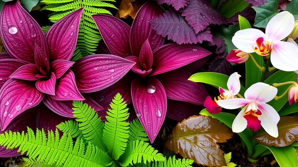Close-up of diverse garden plants including purple-leafed coleus, delicate fern fronds, and blooming orchids with water droplets on leaves after morning watering