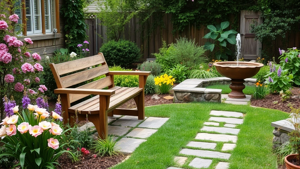 Serene garden seating area with wooden bench surrounded by flowering plants, natural stone pathway, and gentle water fountain creating peaceful gathering space