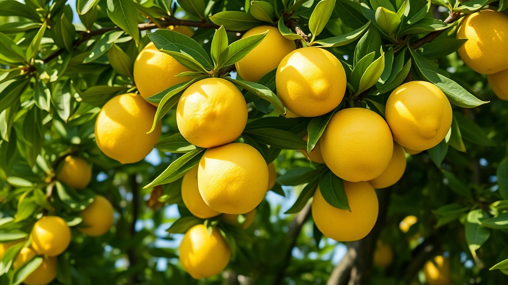 Mature Lemon Lion lemon tree with thick, bumpy yellow lemons hanging from dense green branches in bright sunlight, full canopy view