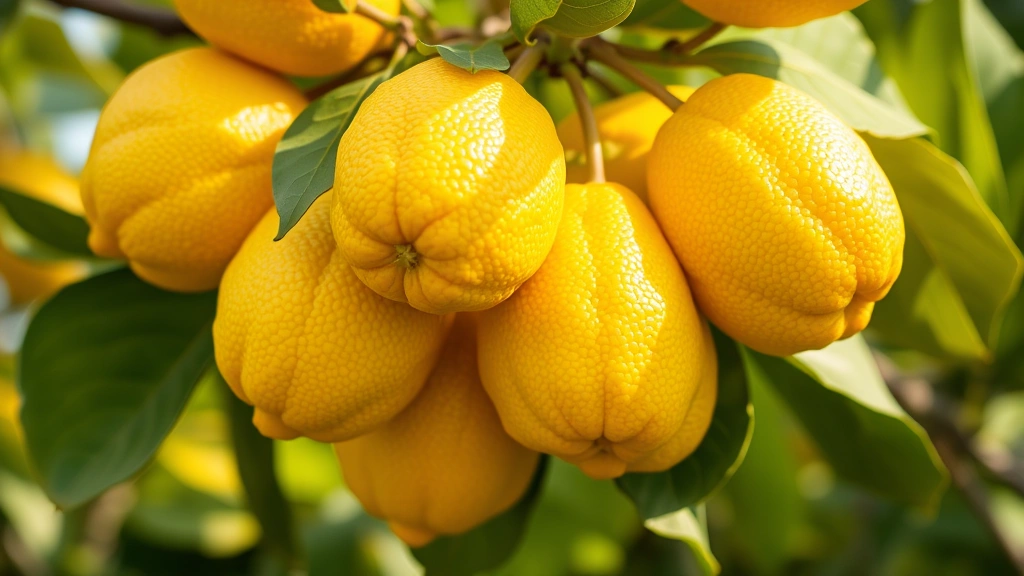 Close-up of cluster of bright yellow Lemon Lion lemons with thick bumpy skin texture on branch with green leaves, morning light