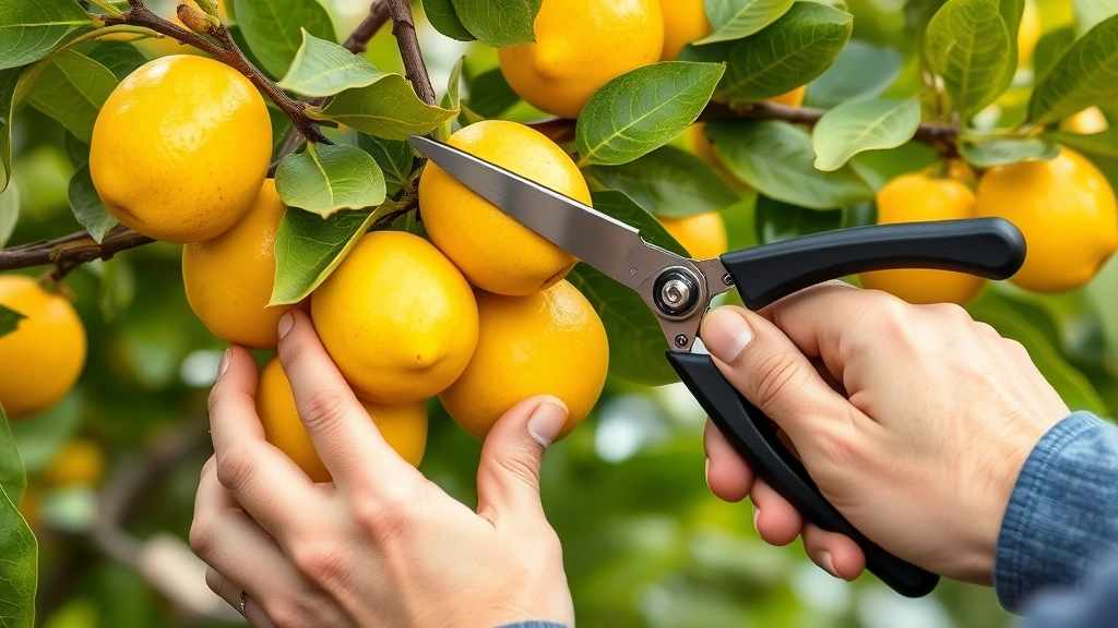 Gardener hands harvesting ripe yellow Lemon Lion lemons using pruning shears from tree branch, showing proper harvesting technique