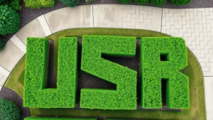 Overhead view of a monogram letter garden with boxwood shrubs forming crisp letter shapes in a residential landscape, showing green foliage and defined edges