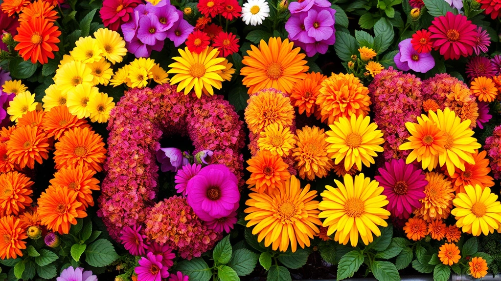 Close-up detail of flowering plants arranged in letter formation, featuring colorful annuals like petunias and marigolds creating vibrant alphabetical designs