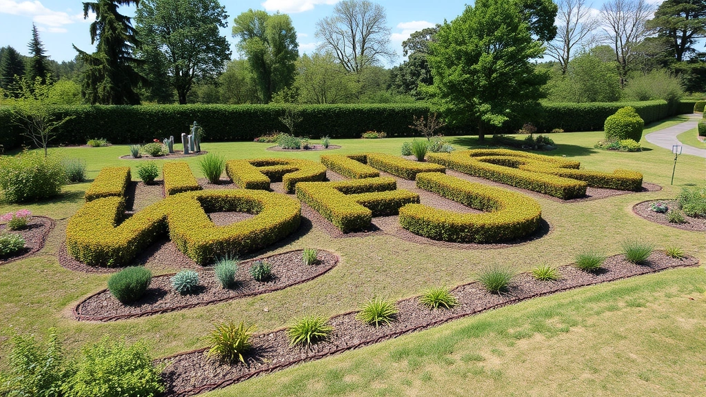 Wide landscape photograph of a complete letter garden installation with multiple letters visible from elevated angle, showing mature plantings integrated into overall garden design