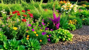 Lush garden bed with mixed plantings including colorful flowering perennials, green foliage plants, and mulched pathways creating depth and texture in afternoon sunlight