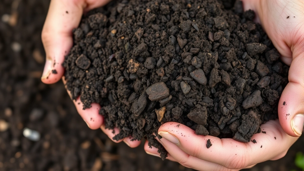 Close-up of rich dark compost being spread over garden soil with hands visible, showing texture and quality of organic matter amendment