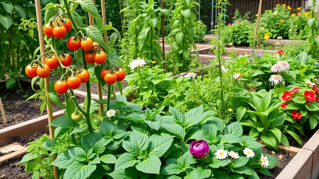Lush vegetable garden in full summer growth with tomato plants on stakes, green leafy vegetables, and flowering herbs thriving together in raised beds