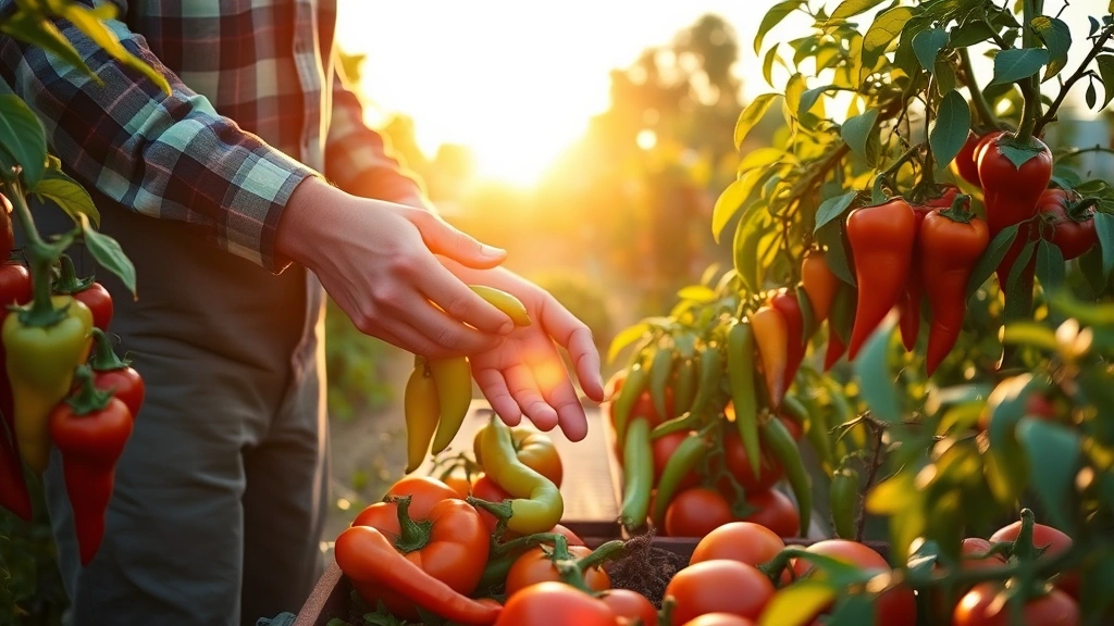 Gardener hand-harvesting ripe vegetables in golden afternoon light, showing abundance of peppers, beans, and tomatoes ready for picking