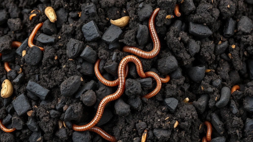 Close-up of rich dark garden soil with earthworms and organic compost mixed in, showing healthy texture and structure for plant growth