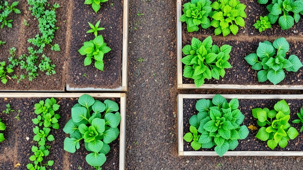 Overhead view of organized vegetable garden beds with various green plants at different growth stages, mulch pathways between raised beds