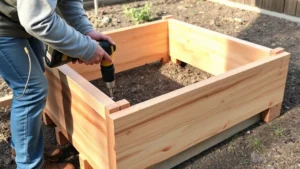 A person assembling wooden raised garden bed frame with power drill on level ground, untreated cedar boards and stainless steel screws visible, morning sunlight on work area