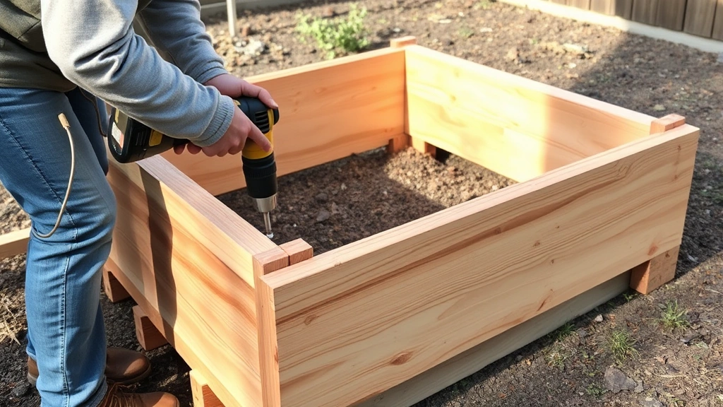 A person assembling wooden raised garden bed frame with power drill on level ground, untreated cedar boards and stainless steel screws visible, morning sunlight on work area