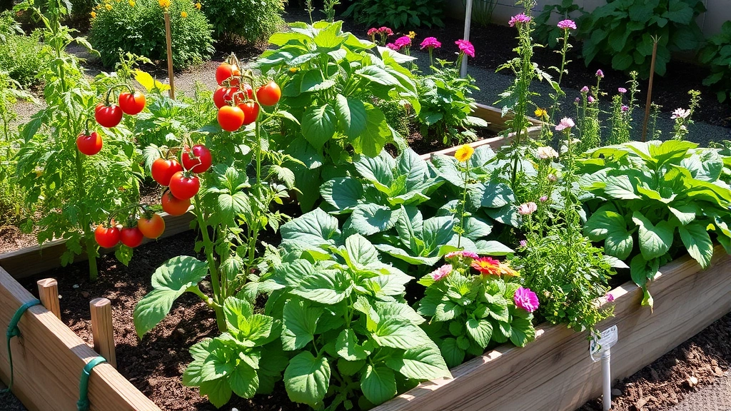 Mature raised garden bed bursting with healthy vegetable plants including tomato stakes, leafy greens, and flowering herbs, with drip irrigation system installed, summer afternoon light