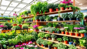 Vibrant assortment of healthy green potted plants arranged on wooden display shelves in bright garden center, morning sunlight streaming through skylights, various sizes of flowering plants and foliage specimens