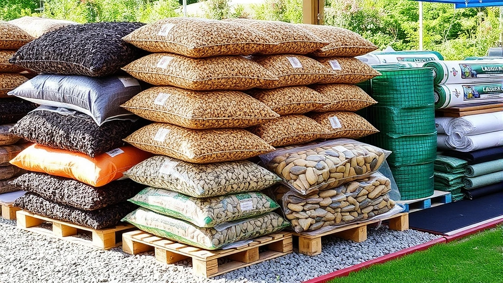 Landscape materials display featuring bags of mulch, soil, gravel, and decorative stones stacked on wooden pallets, with landscape fabric rolls and edging materials visible, outdoor garden center setting with natural lighting