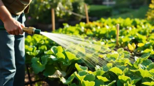 Professional gardener watering lush vegetable garden with quality rubber hose, water droplets visible on green leaves, sunny morning light