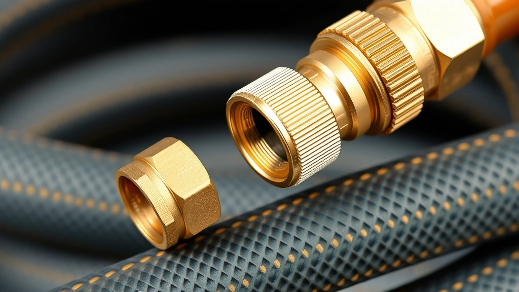Close-up of brass hose fittings and swivel connectors on premium garden hose, showing durability and quality construction details