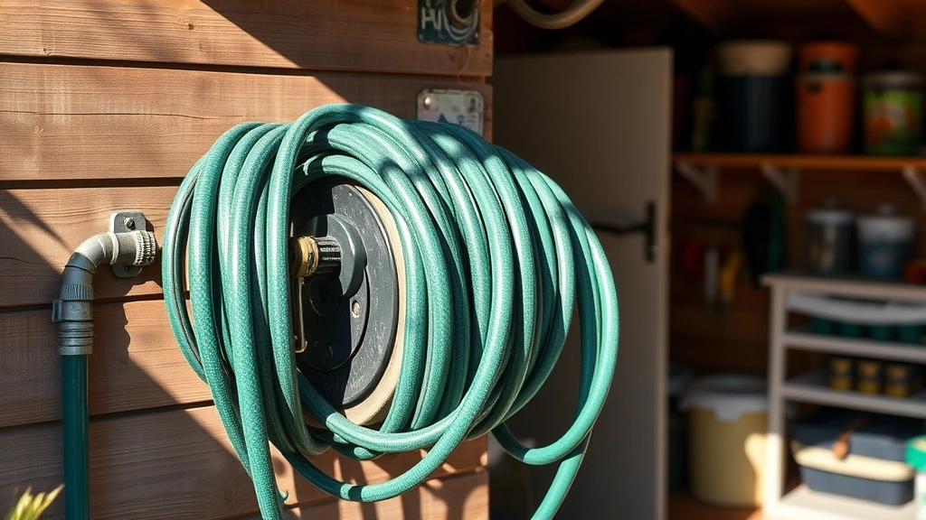 Garden hose coiled neatly on wall-mounted reel in shaded location, organized garden shed background, proper storage setup