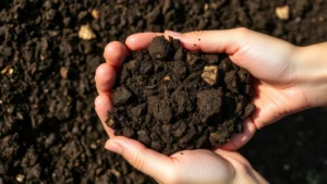 Close-up of rich, dark garden soil texture with visible organic matter and compost pieces, loamy consistency, natural daylight, hands holding crumbly soil